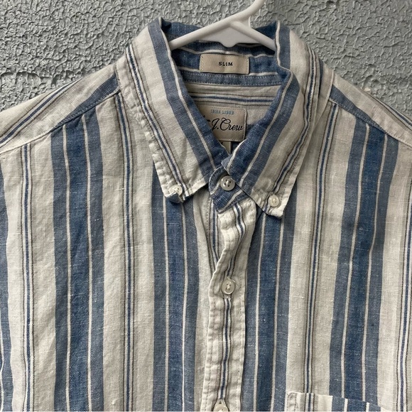 Men's J. Crew Irish Linen Button Down - Slim Medium - White, Blue, Grey Stripes - Picture 2 of 5